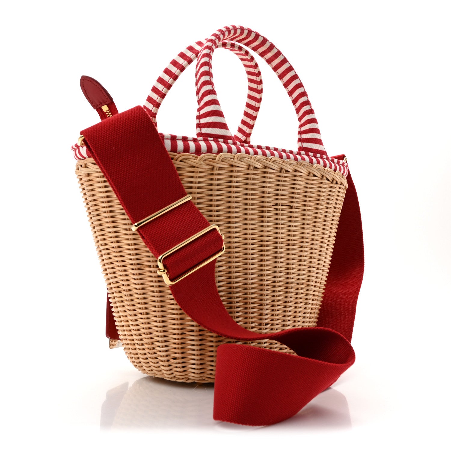 Prada Wicker Canvas Striped Shoulder Bag Naturale Rosso 3 of 12