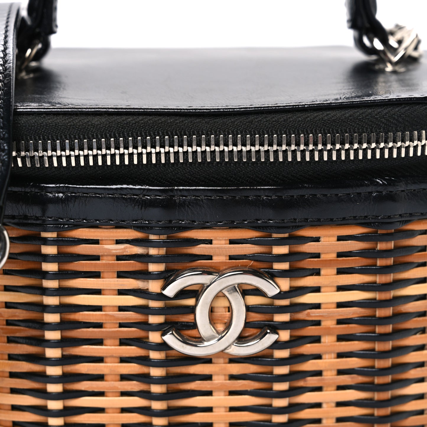 Calfskin Raffia Small Vanity Case Bag Black Beige