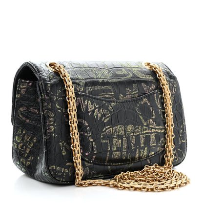 Chanel Calfskin Crocodile Embossed Graffiti 2.55 Mini Cocodile Reissue Flap Black Gold 3 of 10