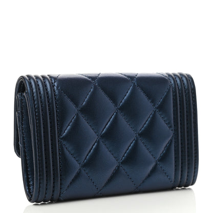 Chanel Metallic Lambskin Quilted Boy Flap Card Holder Blue 3 of 9