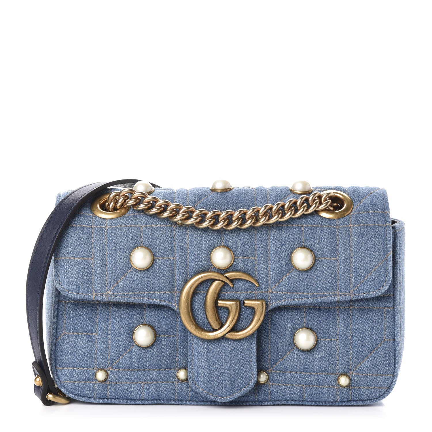 Gucci Denim Matelasse Pearl Studded Mini GG Marmont Shoulder Bag Blue 1 of 12