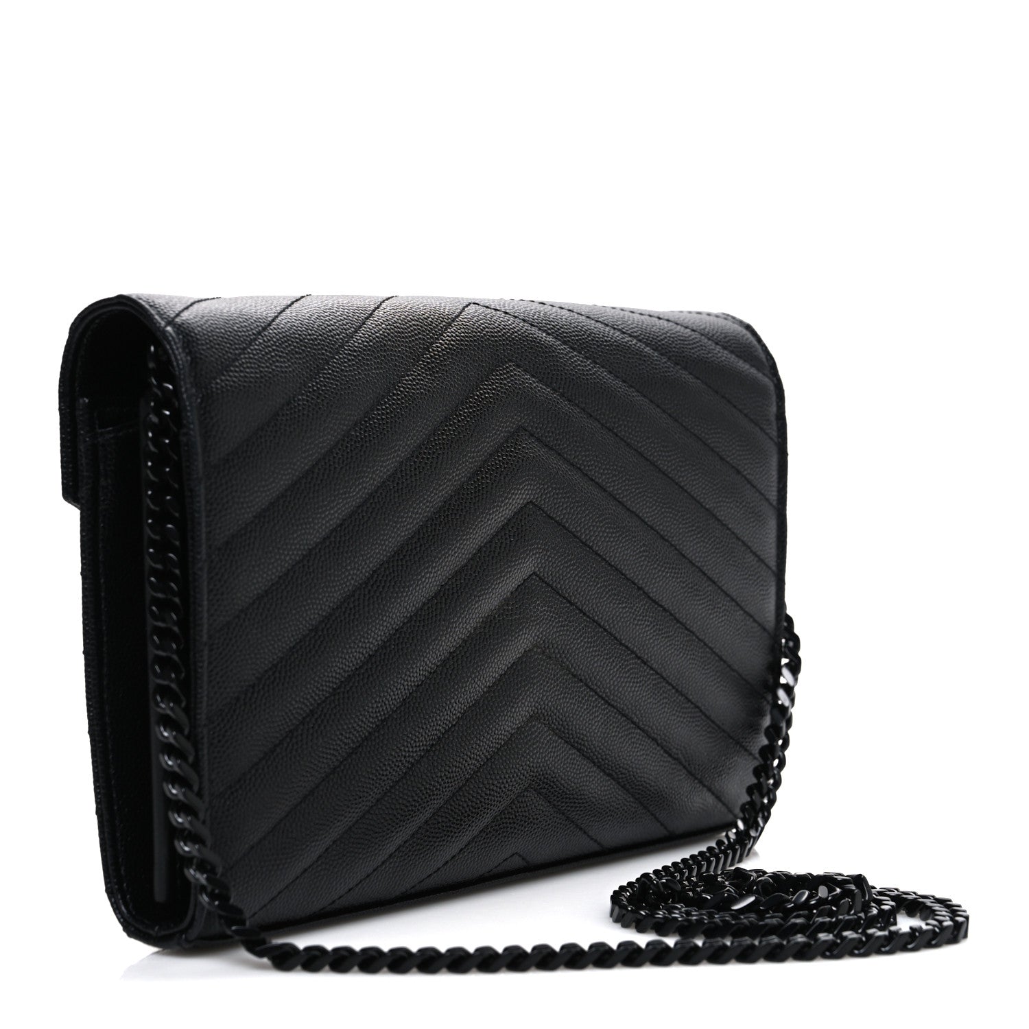 Saint Laurent Grain De Poudre Matelasse Chevron Monogram Monochrome Chain Wallet Black 3 of 10