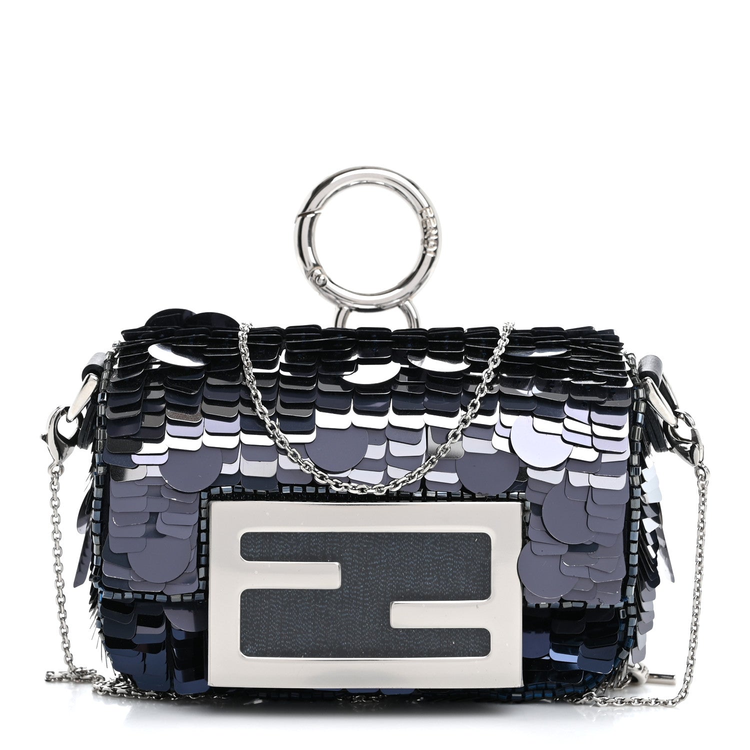 Fendi Sequin Paillettes Shiny Nappa Sex and the City Nano Maxi Buckle Baguette Charm Dark Blue 1 of 9
