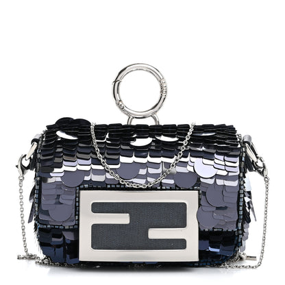 Fendi Sequin Paillettes Shiny Nappa Sex and the City Nano Maxi Buckle Baguette Charm Dark Blue 1 of 9