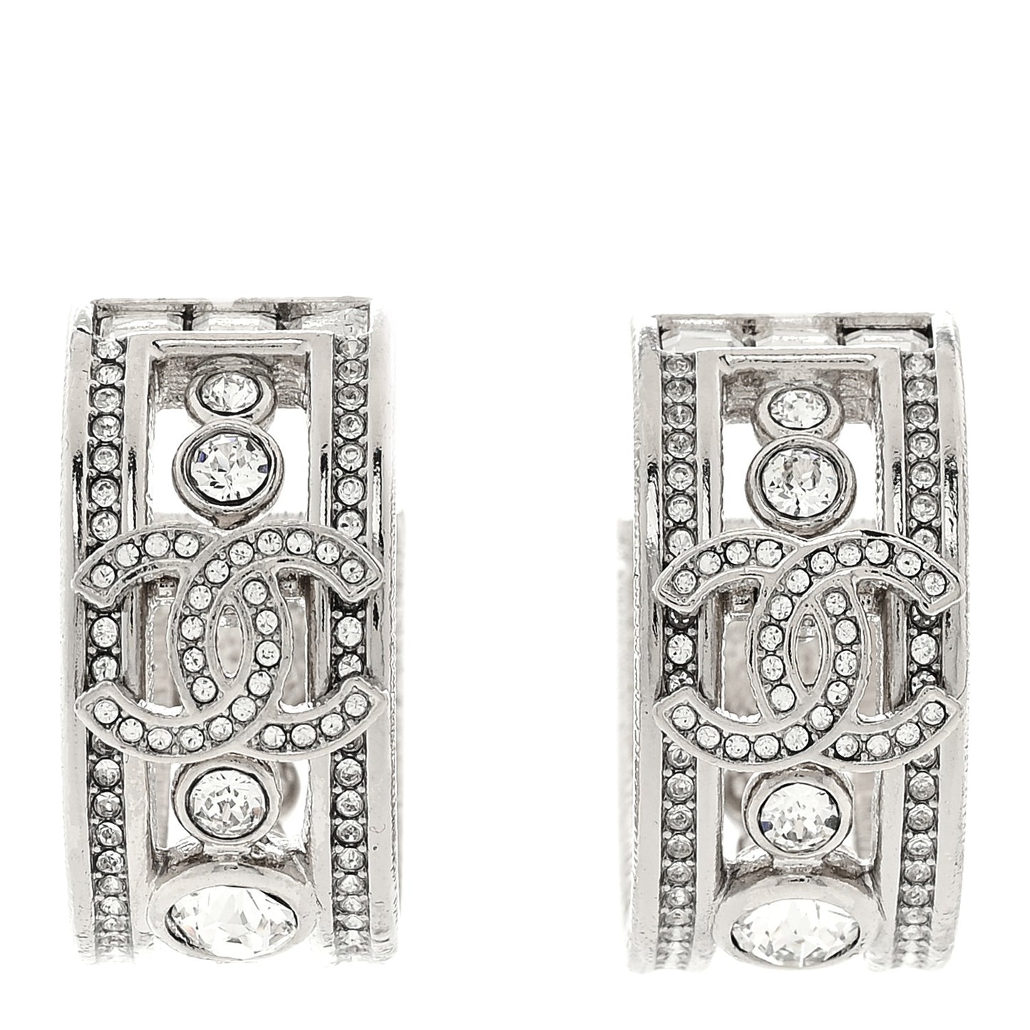 Metal Crystal CC Hoop Earrings Silver
