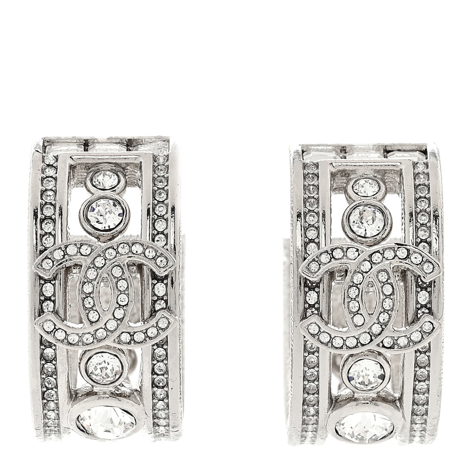Chanel Metal Crystal CC Hoop Earrings Silver 1 of 5