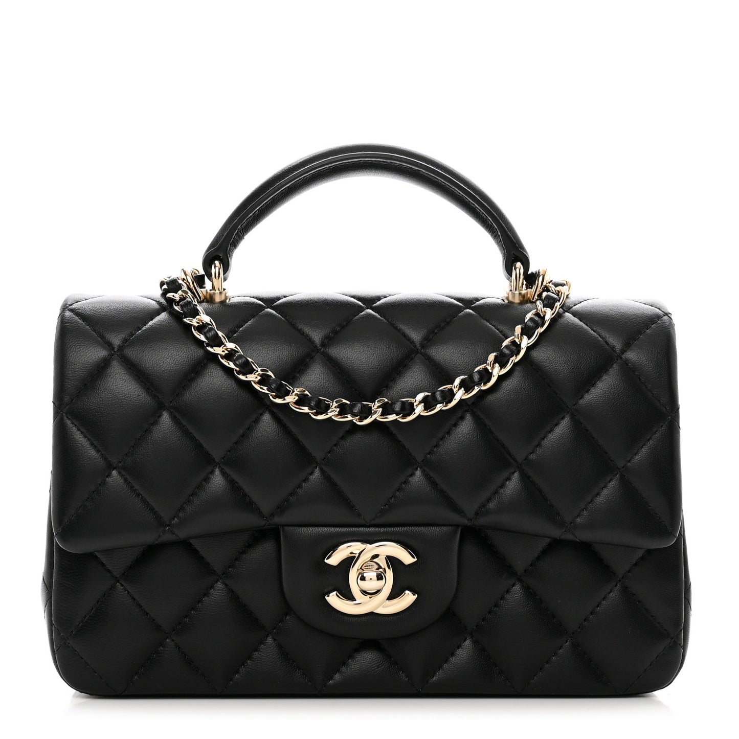 Lambskin Quilted Mini Top Handle Rectangular Flap Black
