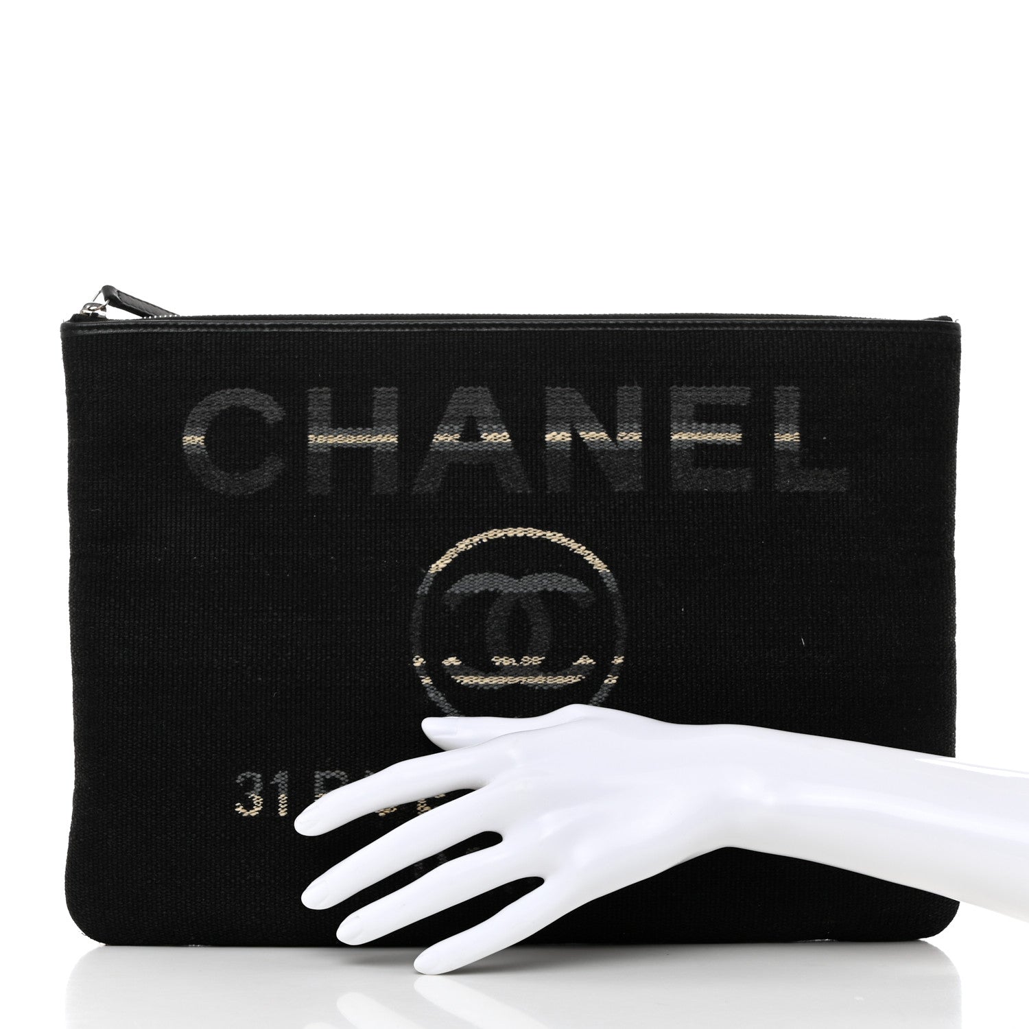 Chanel Striped Canvas Large Deauville Pouch Clutch Black 2 of 7