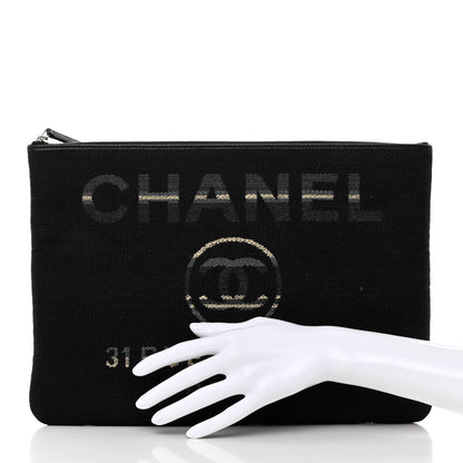 Chanel Striped Canvas Large Deauville Pouch Clutch Black 2 of 7