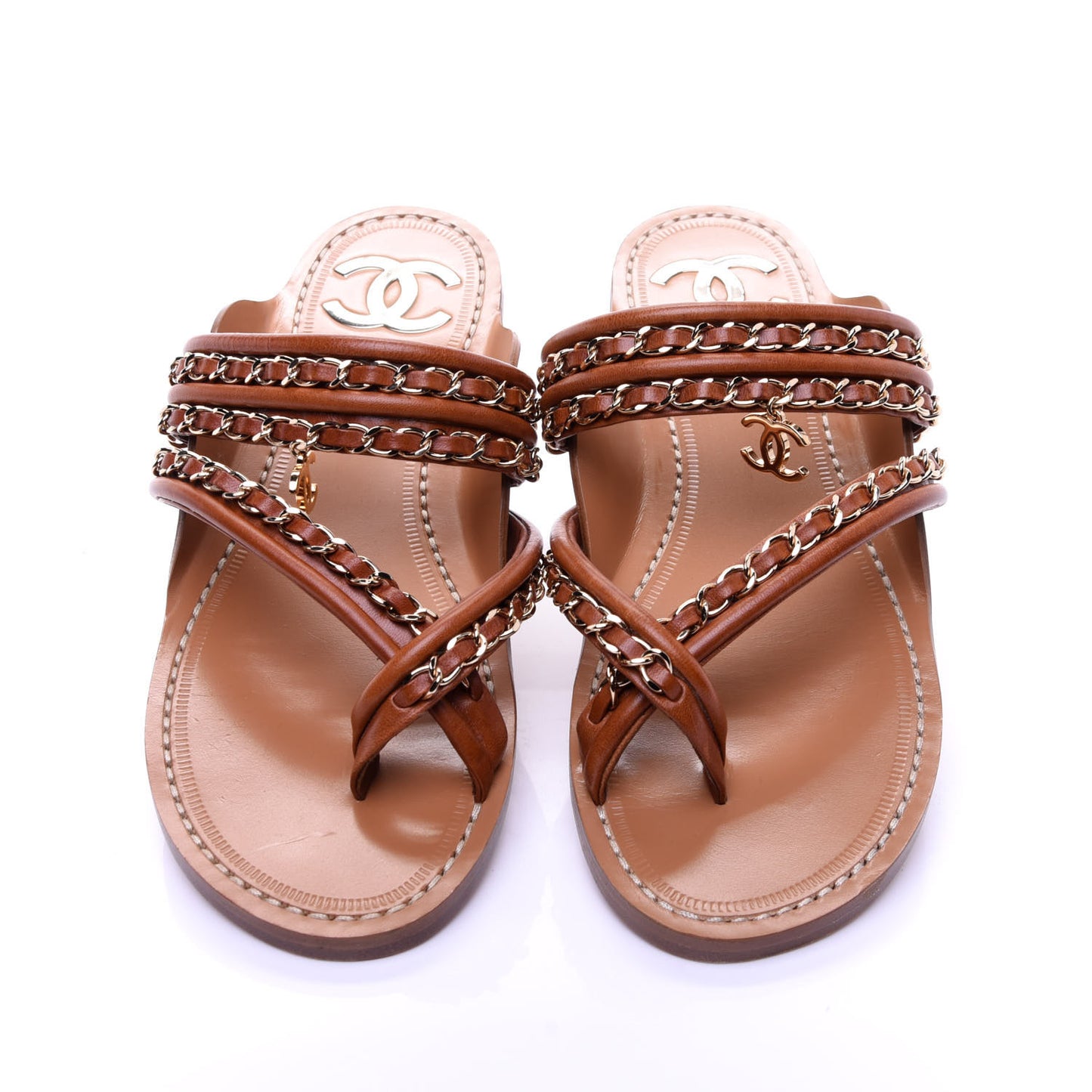 Calfskin Chain CC Thong Flat Sandals 36 Beige