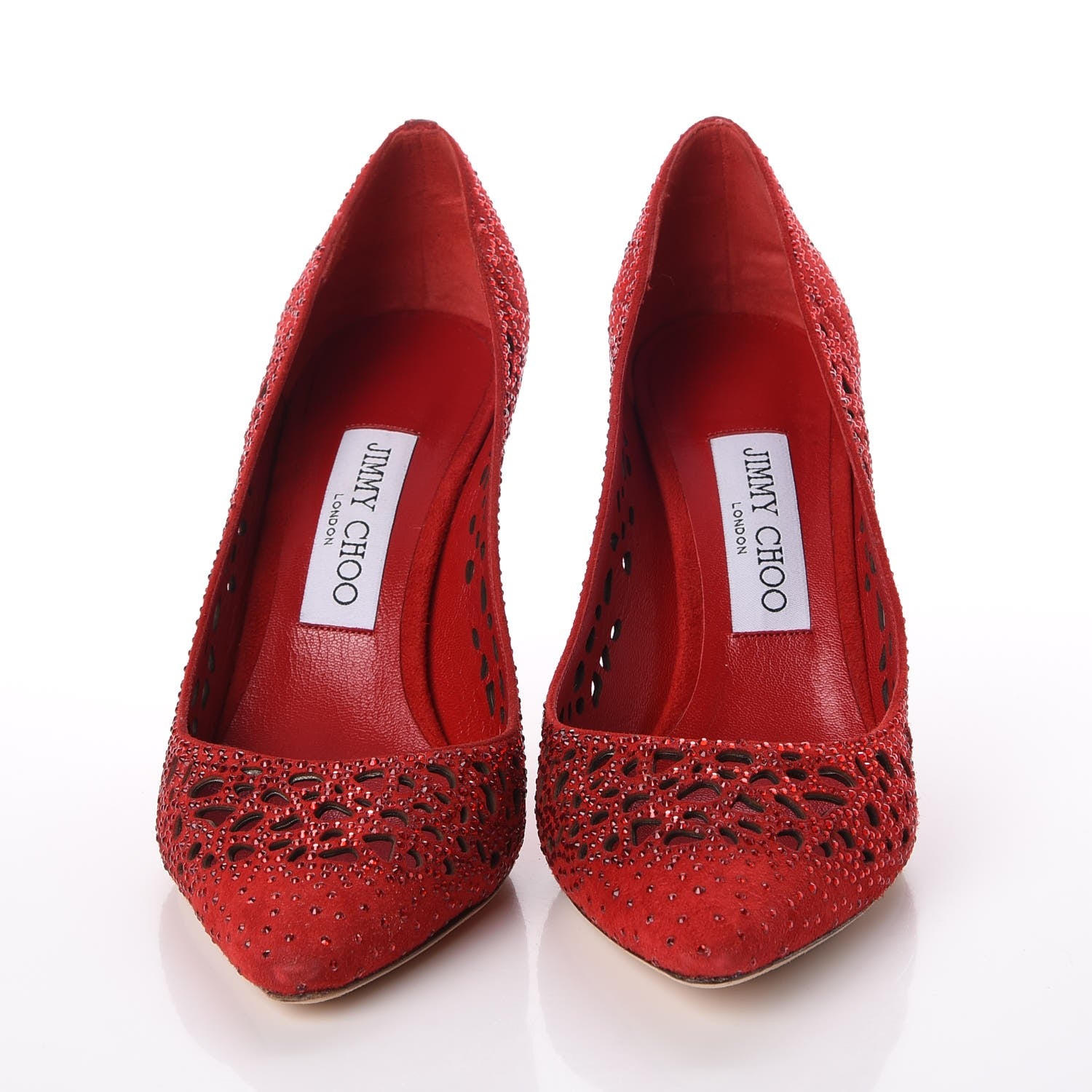 Jimmy Choo Suede Crystal Perforated Romy 100 Pumps 38 Red 2 of 17