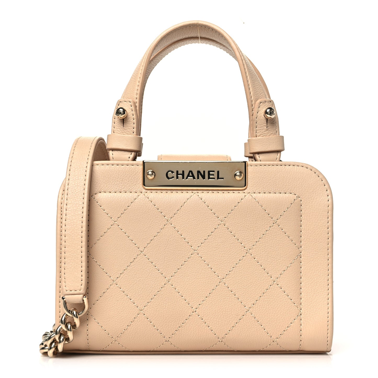 Grained Calfskin Stitched Mini Label Click Shopper Tote Beige