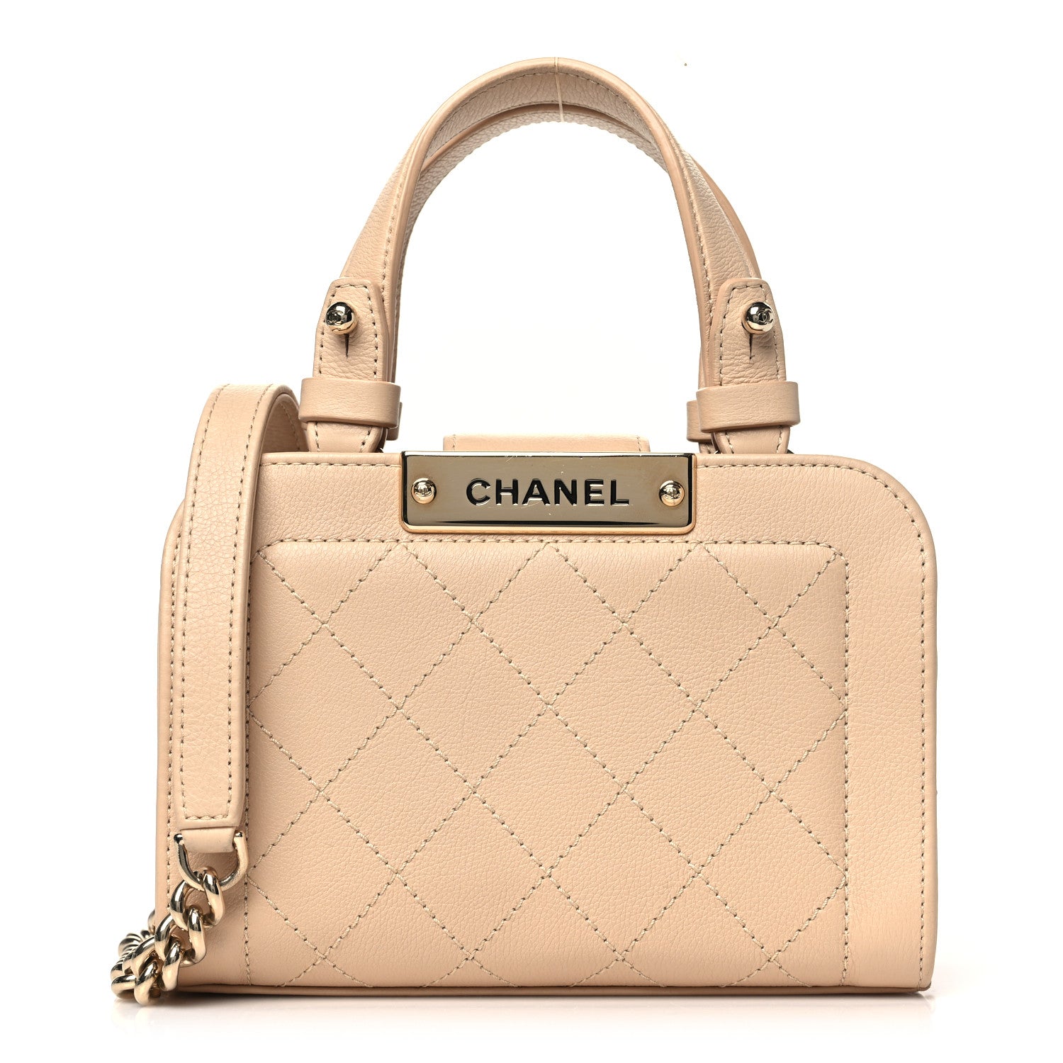 Chanel Grained Calfskin Stitched Mini Label Click Shopper Tote Beige 1 of 12