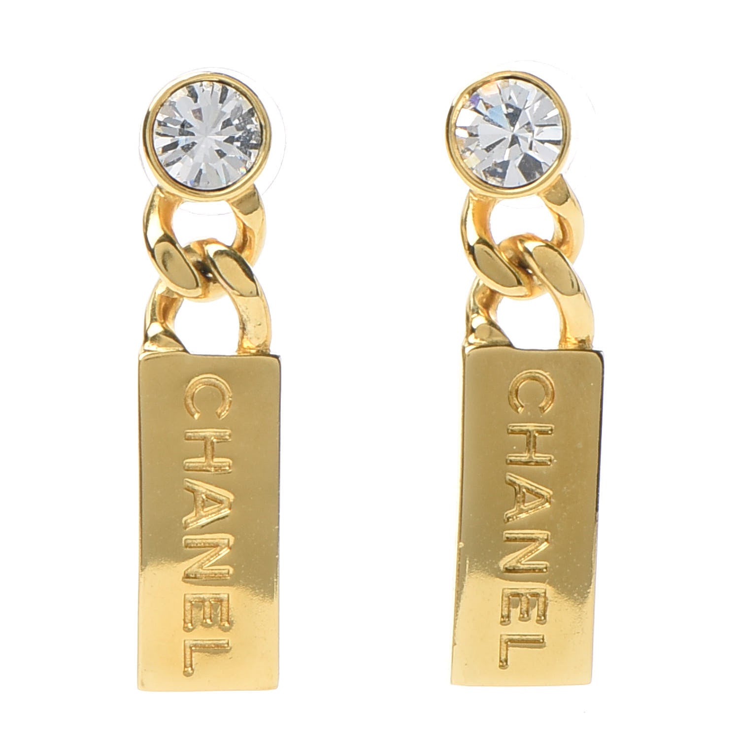 Chanel Crystal Tag Drop Earrings Gold 1 of 5
