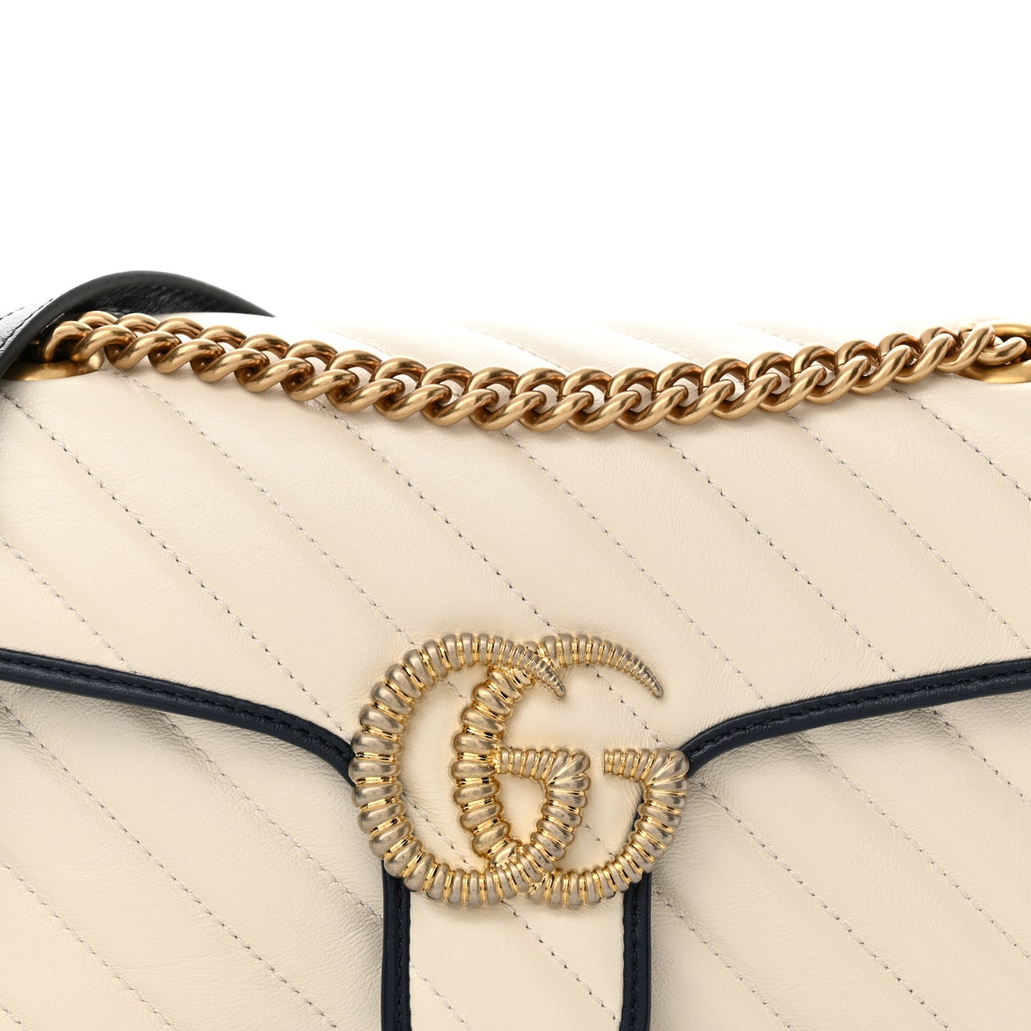 Vintage Effect Calfskin Matelasse Diagonal Small Torchon GG Marmont Shoulder Bag Mystic White Blue Agata