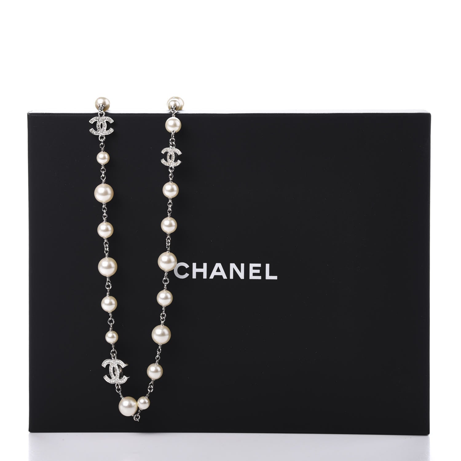 Chanel Crystal Pearl CC Long Necklace Silver 7 of 7
