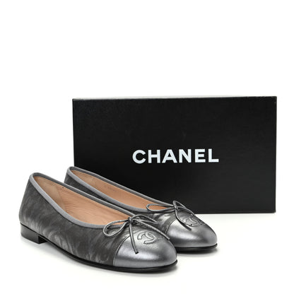 Chanel Metallic Lambskin Camellia CC Cap Toe Ballerina Flats 36.5 Dark Grey 11 of 11