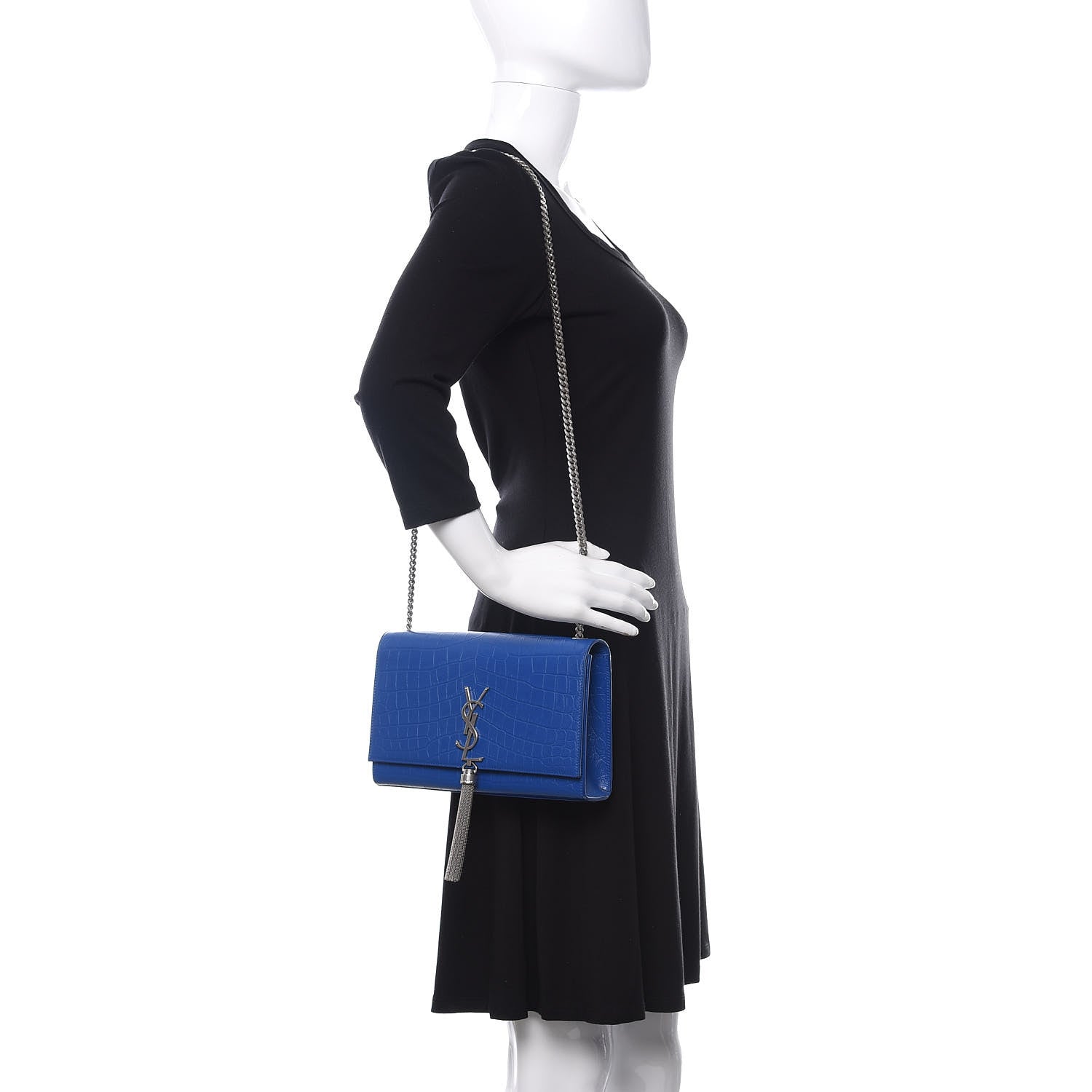 Saint Laurent Calfskin Crocodile Embossed Medium Classic Monogram Kate Tassel Satchel Bleu Majorelle 2 of 12