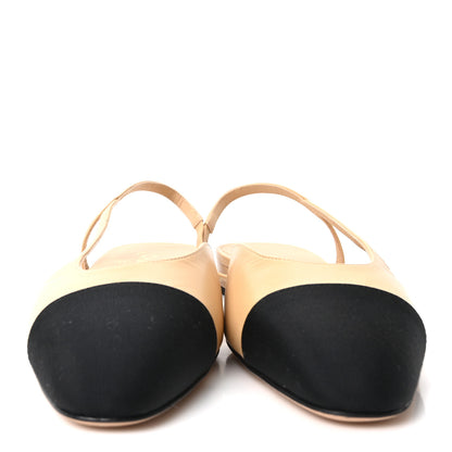 Chanel Goatskin Grosgrain Pointed Toe CC Slingback Flats 40.5 Beige Black 3 of 10