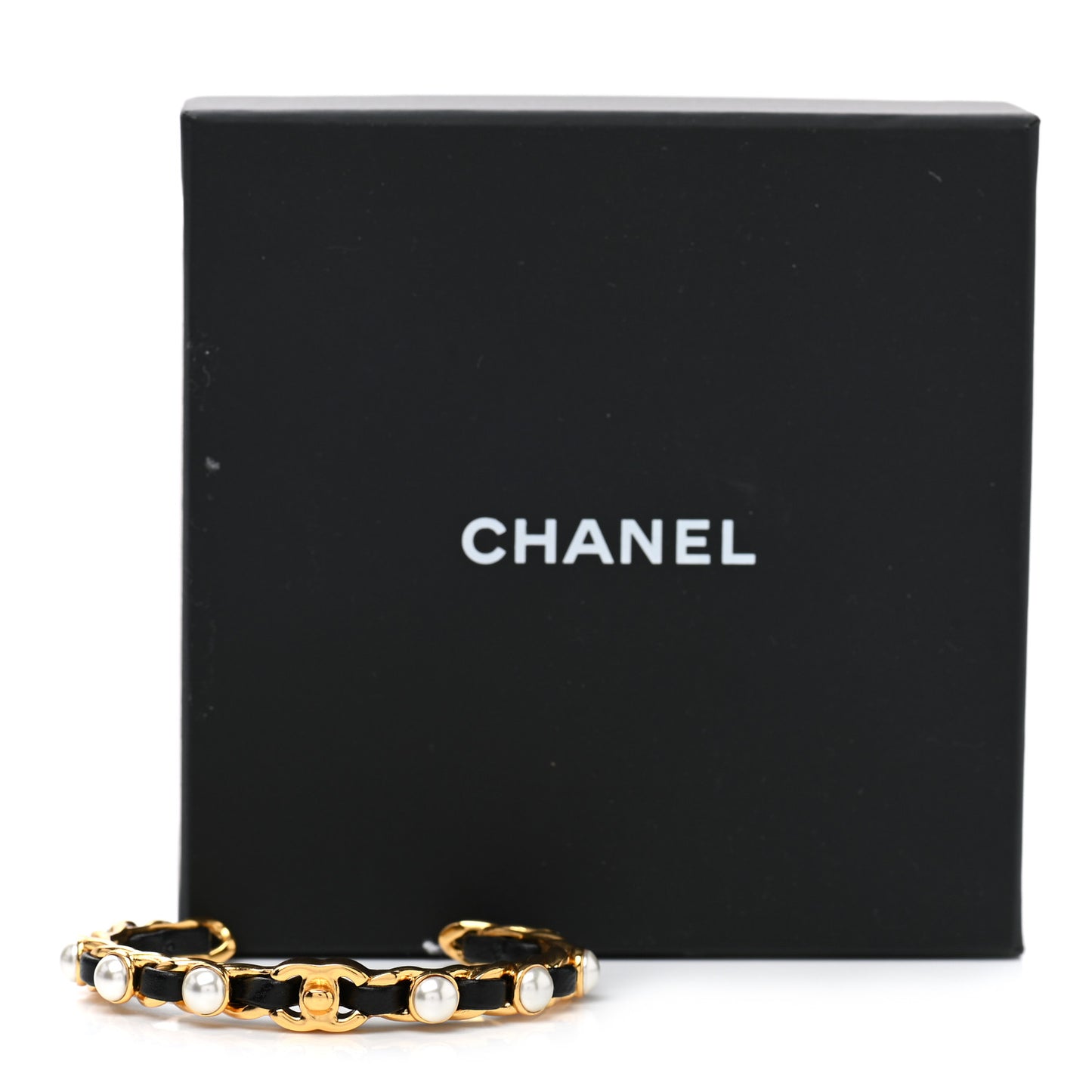 Lambskin Pearl CC Cuff Bracelet Black Gold