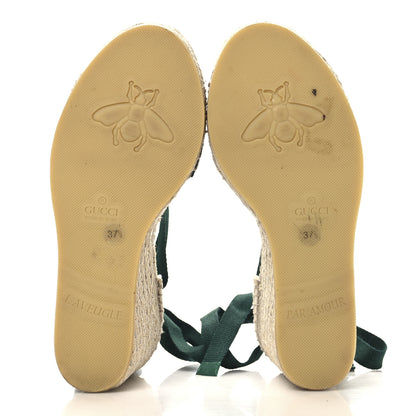 Gucci Canvas Malaga Kid Web Ankle Wrap Espadrille Wedge Sandals 37.5 Green Red Mystic White Emerald 6 of 10