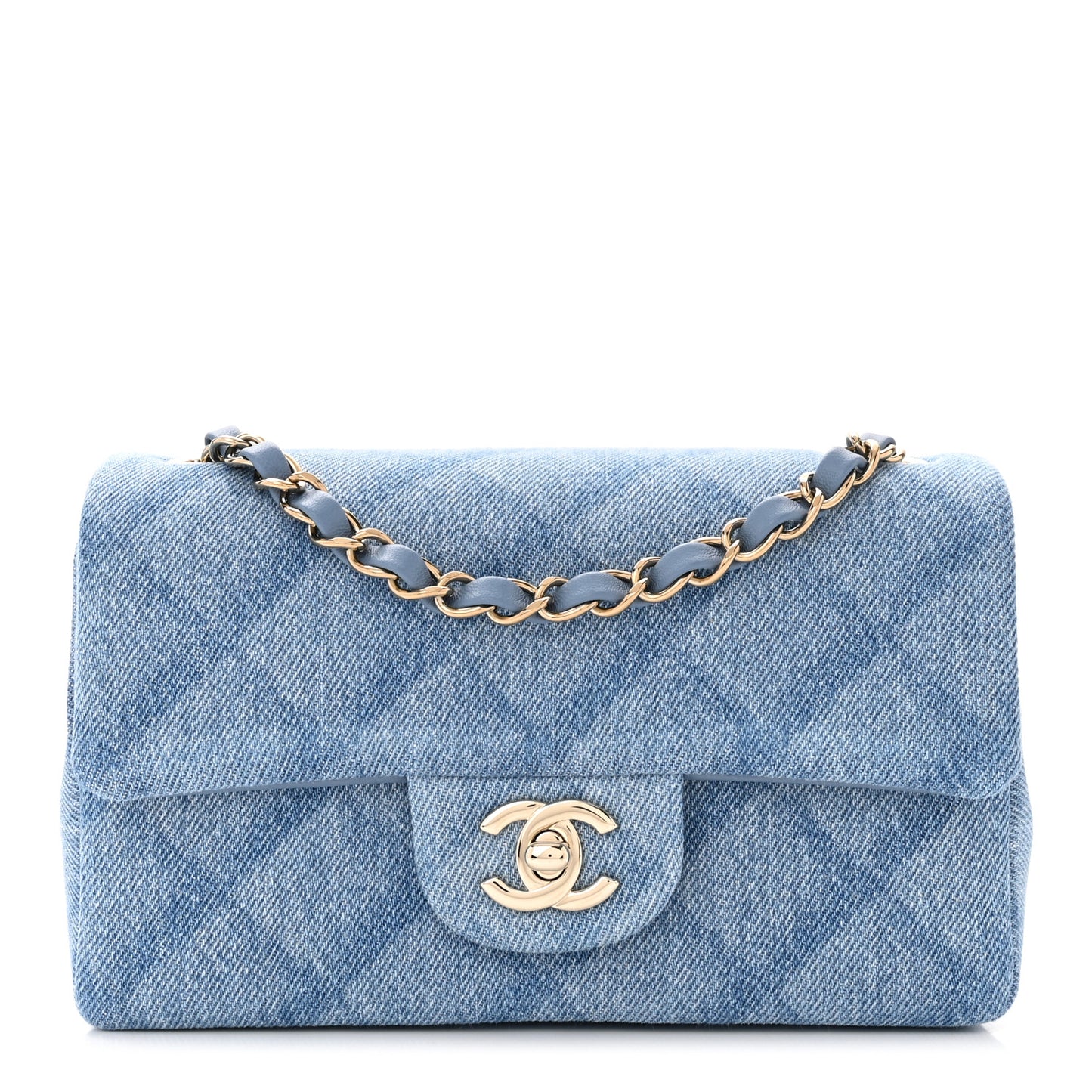Printed Denim Quilted Mini Rectangular Flap Light Blue