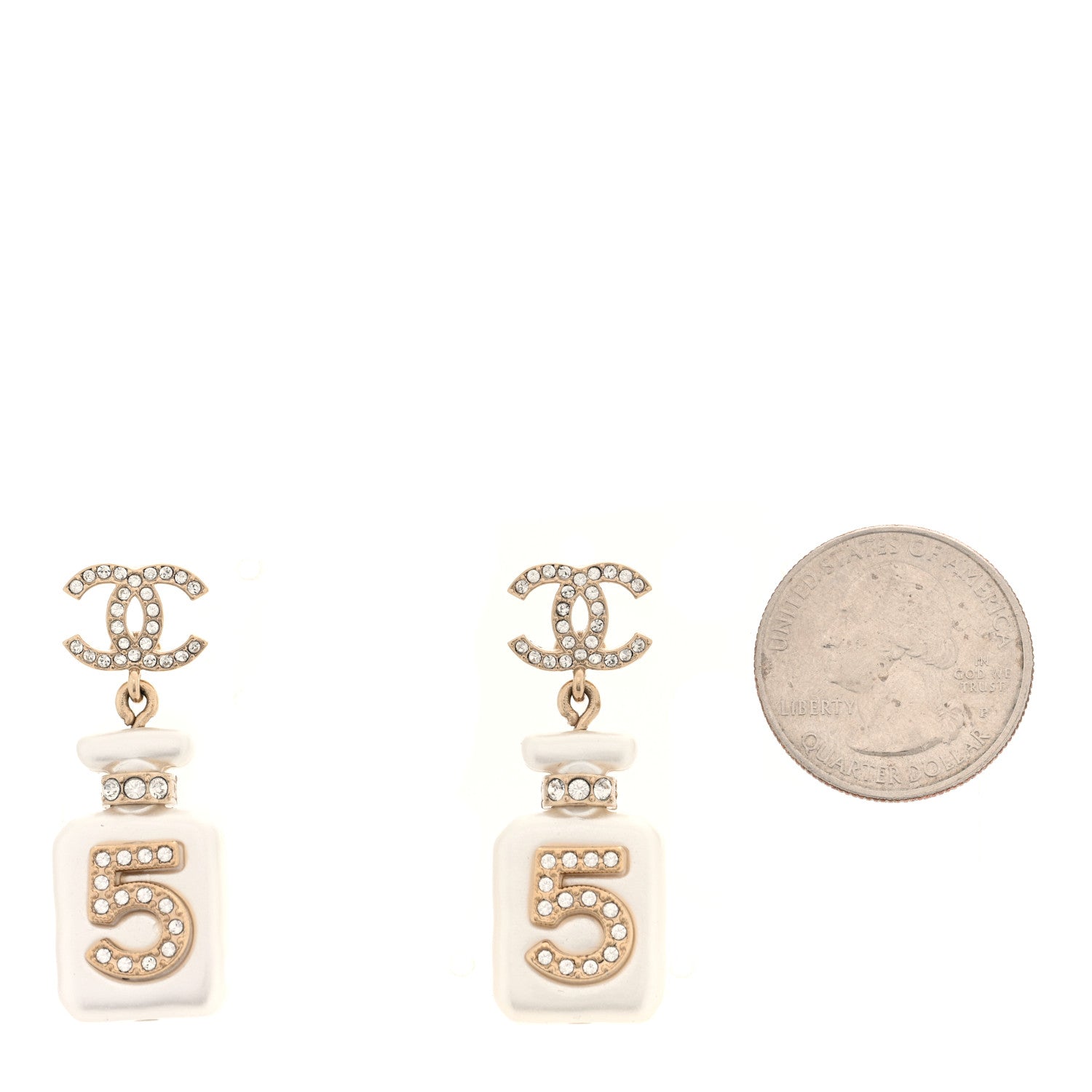 Chanel Pearl Resin Crystal CC No 5 Perfume Bottle Drop Earrings Gold Pearly White 2 of 4