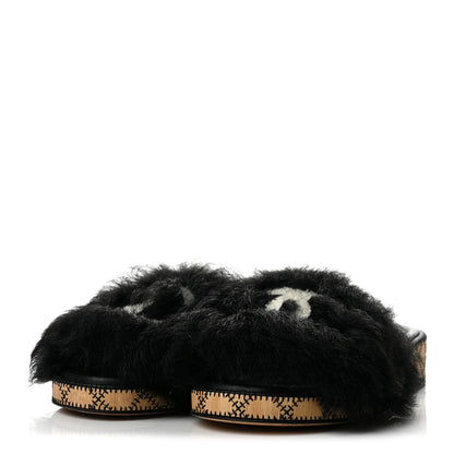Chanel Shearling Lambskin CC Mules Sandal 37 Black White 4 of 10
