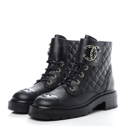 Chanel Shiny Goatskin Calfskin Quilted Lace Up Combat Boots 37.5 Black 3 of 11