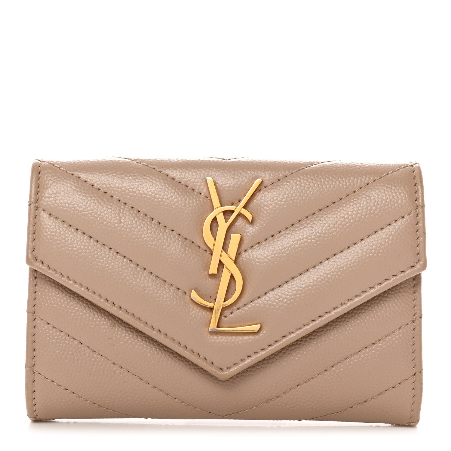 Saint Laurent Grain De Poudre Matelasse Chevron Small Monogram Envelope Wallet Dark Beige 1 of 13