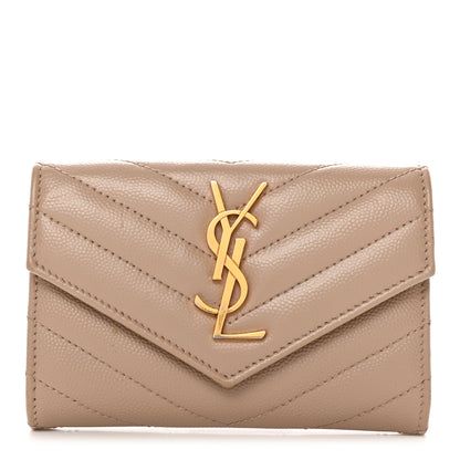 Saint Laurent Grain De Poudre Matelasse Chevron Small Monogram Envelope Wallet Dark Beige 1 of 13