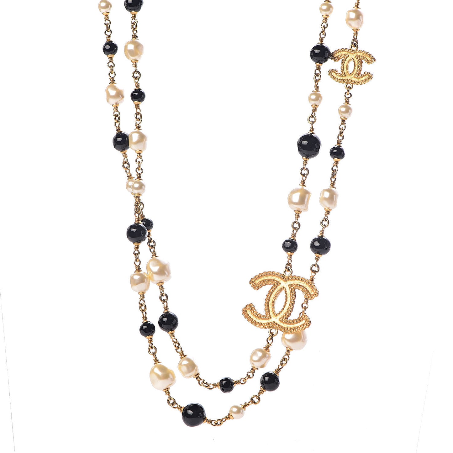 Pearl Bead CC Long Necklace Black Gold