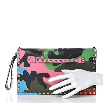 Valentino Garavani Nappa Canvas Camouflage Rockstud Wristlet Clutch Army Green Ninphea Parrot 2 of 6