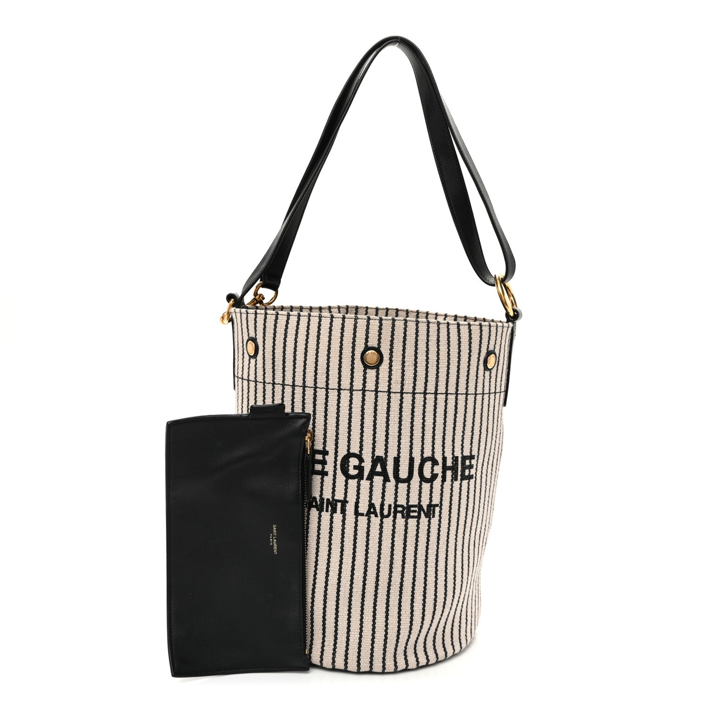 Linen Calfskin Striped Rive Gauche Bucket Bag Grey Cream Black
