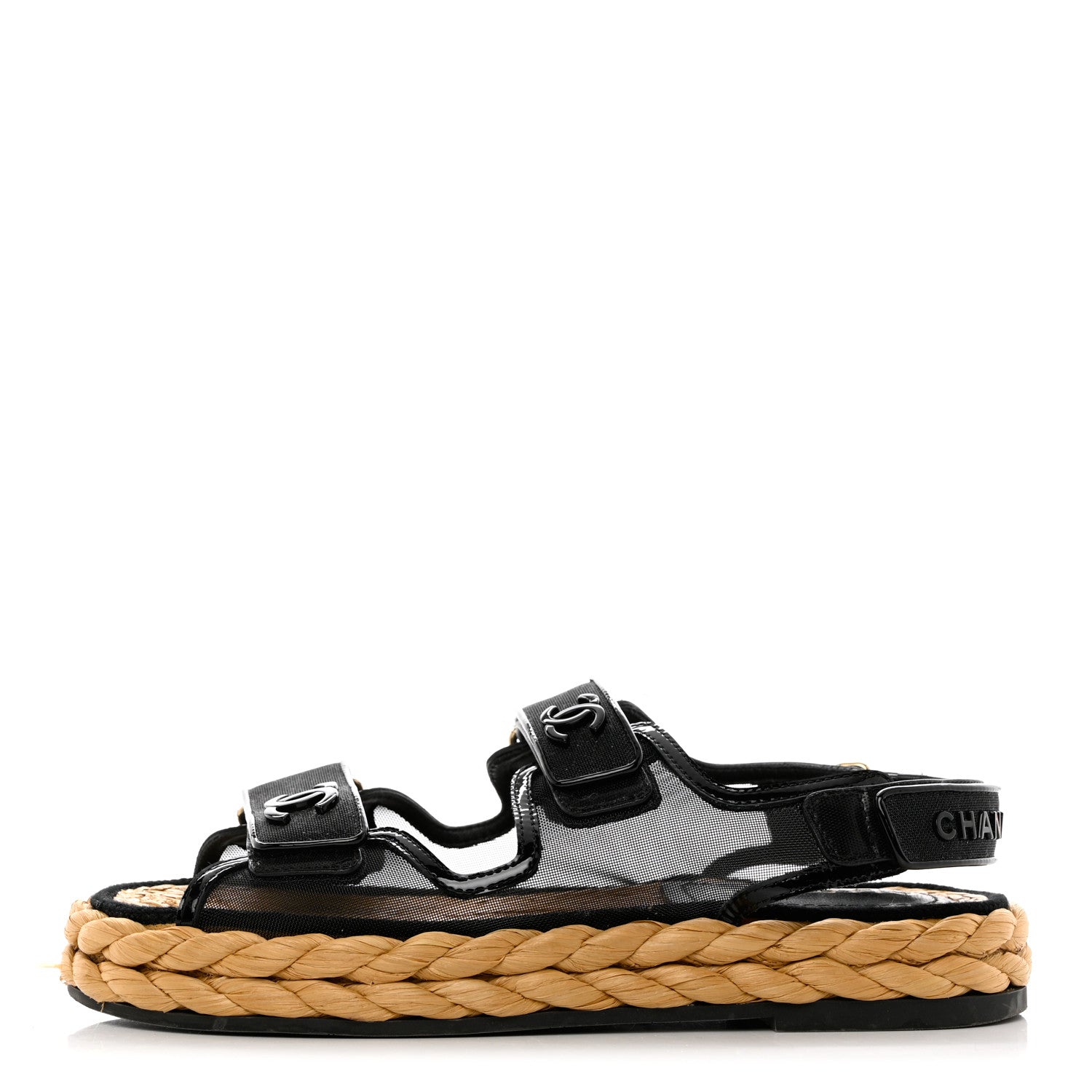 Chanel Mesh Patent Calfskin Velcro Dad Sandals 37 Black 1 of 11