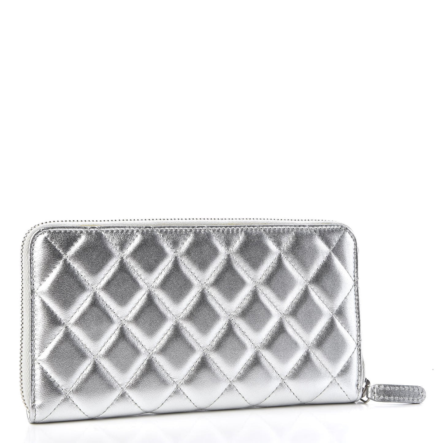 Metallic Lambskin Quilted Large Gusset Zip Around Wallet Silver