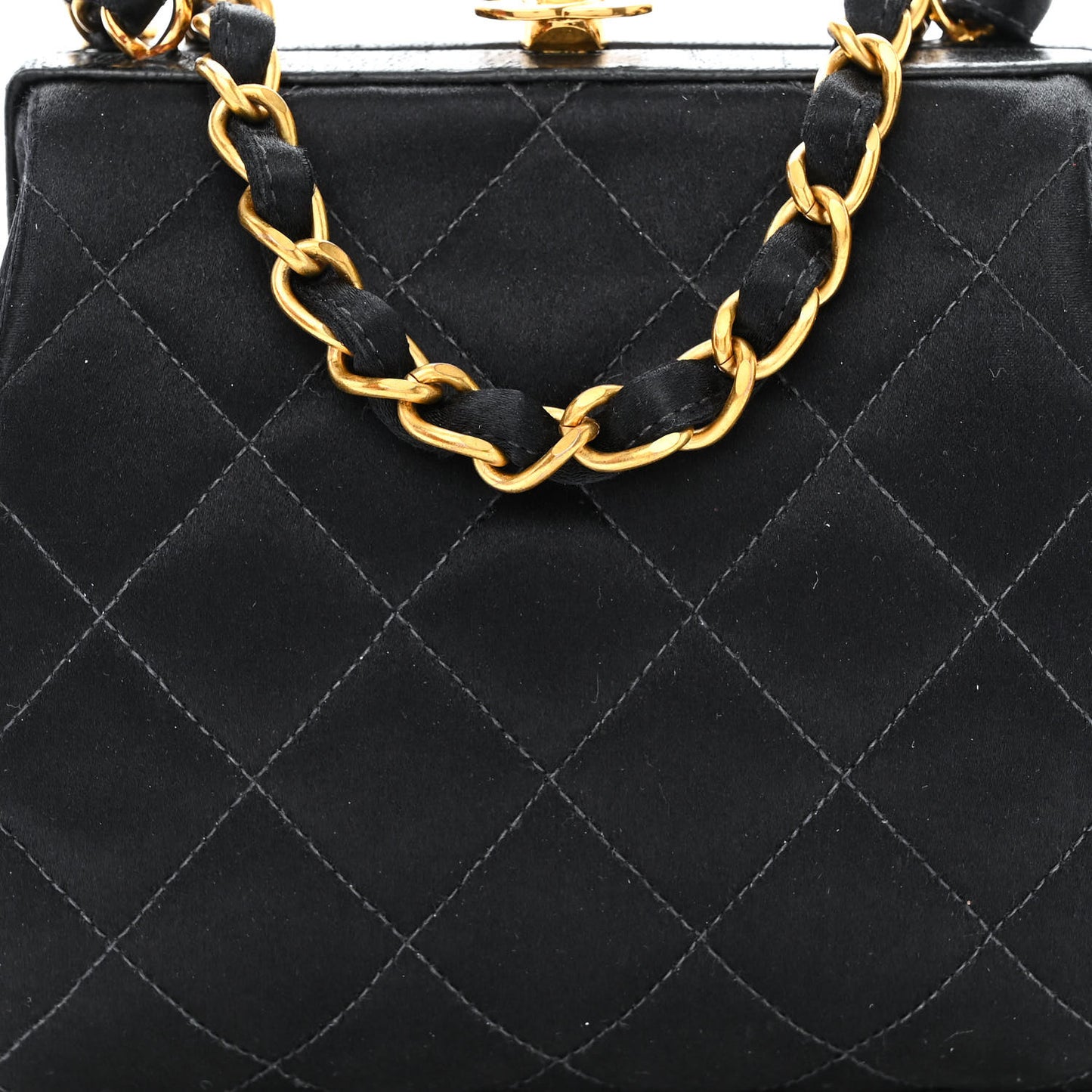 Satin Quilted CC Kisslock Clutch Black
