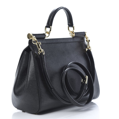 Dolce & Gabbana Iguana Calfskin Embossed Medium Miss Sicily Satchel Black 3 of 10