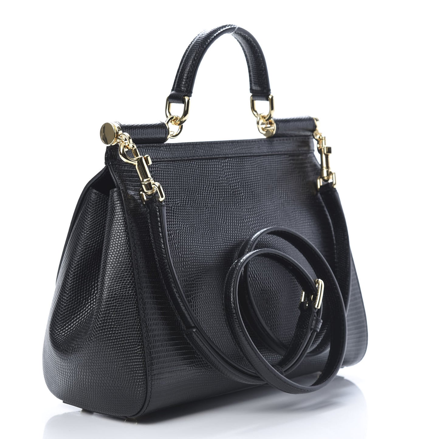 Iguana Calfskin Embossed Medium Miss Sicily Satchel Black