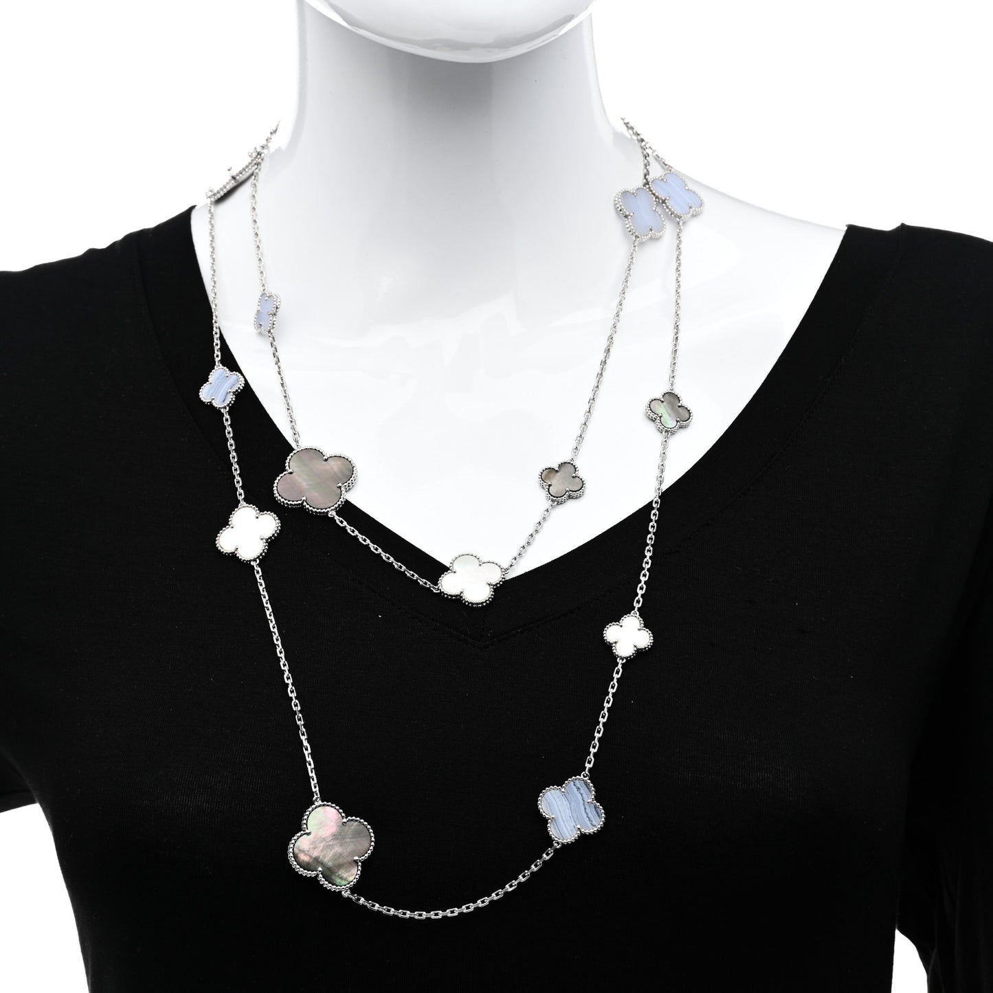18K White Gold Onyx Mother of Pearl 16 Motifs Magic Alhambra Necklace