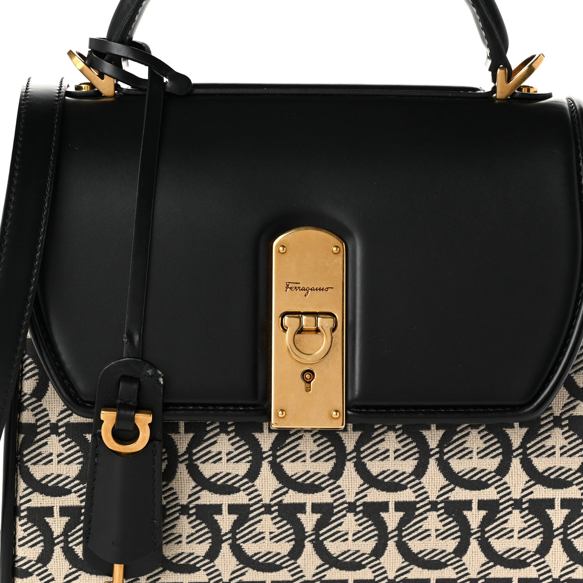 Salvatore Ferragamo Canvas Calfskin Gancini Small Boxyz Black Beige 7 of 10