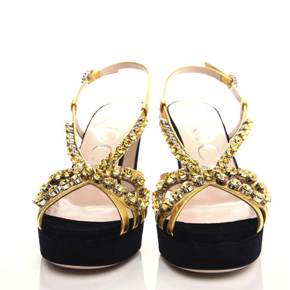 Gucci Velvet Nappa Crystal Zephyra Slingback Platform High Heel Sandals 37.5 Black Gold 2 of 10