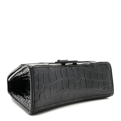 Balenciaga Shiny Calfskin Monochrome Crocodile Embossed Hourglass Top Handle Bag XS Black 4 of 9