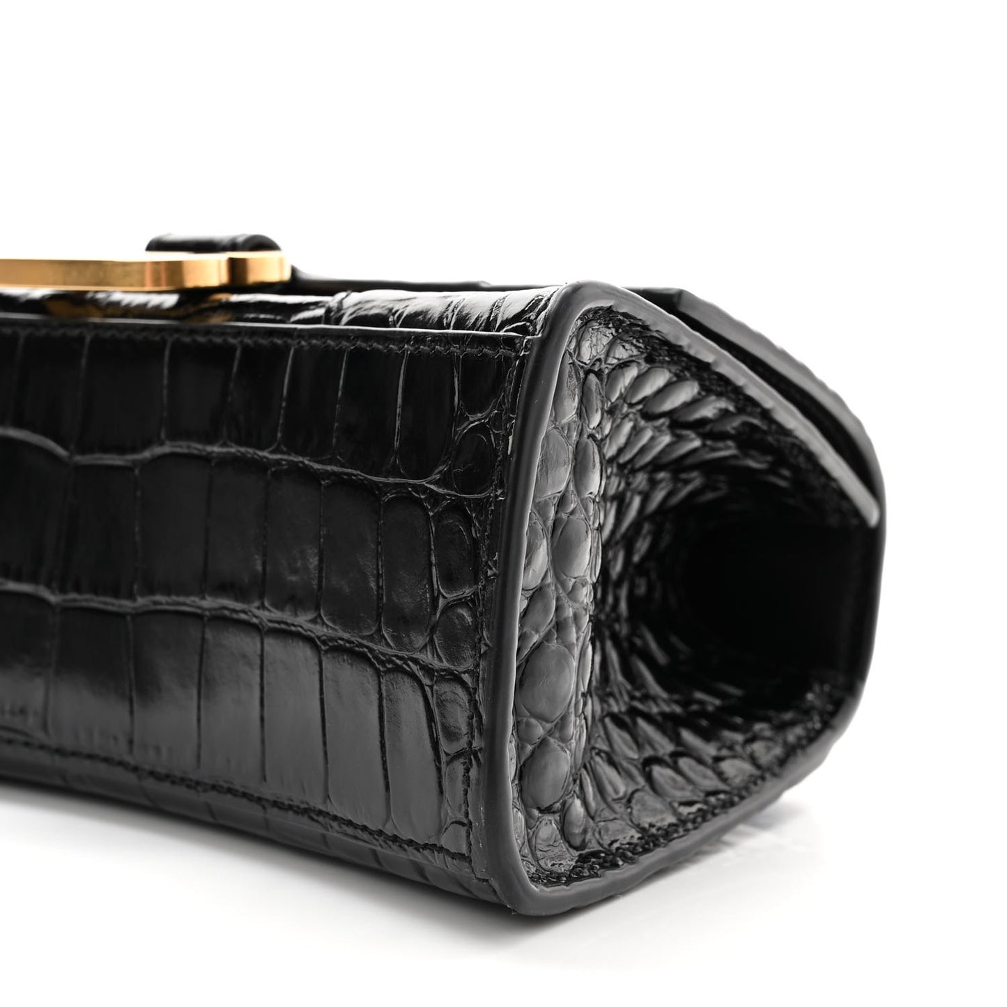 Shiny Calfskin Crocodile Embossed Hourglass Top Handle Bag XS Black
