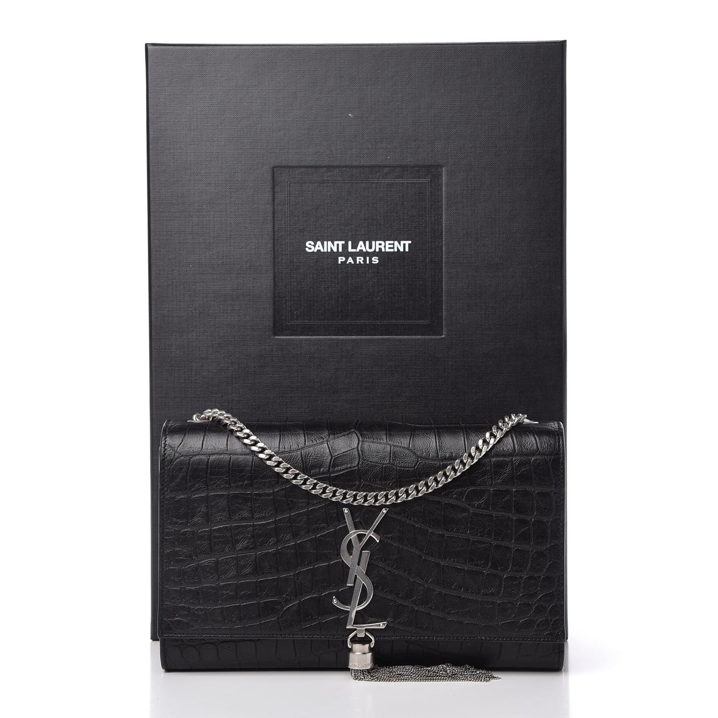 Calfskin Crocodile Embossed Medium Classic Monogram Kate Tassel Satchel Black