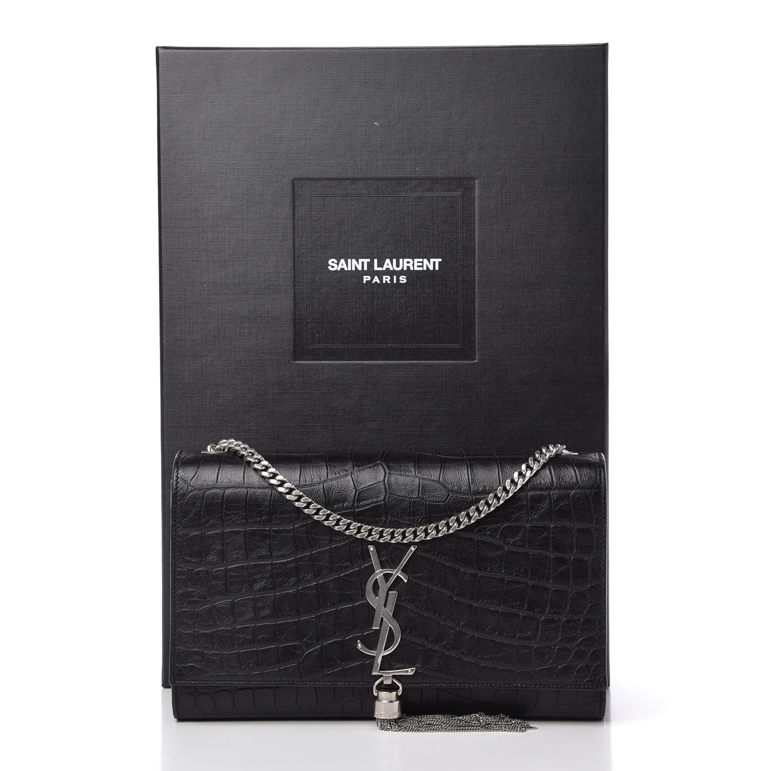 Saint Laurent Calfskin Crocodile Embossed Medium Classic Monogram Kate Tassel Satchel Black 10 of 10