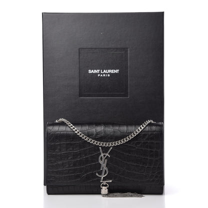 Saint Laurent Calfskin Crocodile Embossed Medium Classic Monogram Kate Tassel Satchel Black 10 of 10