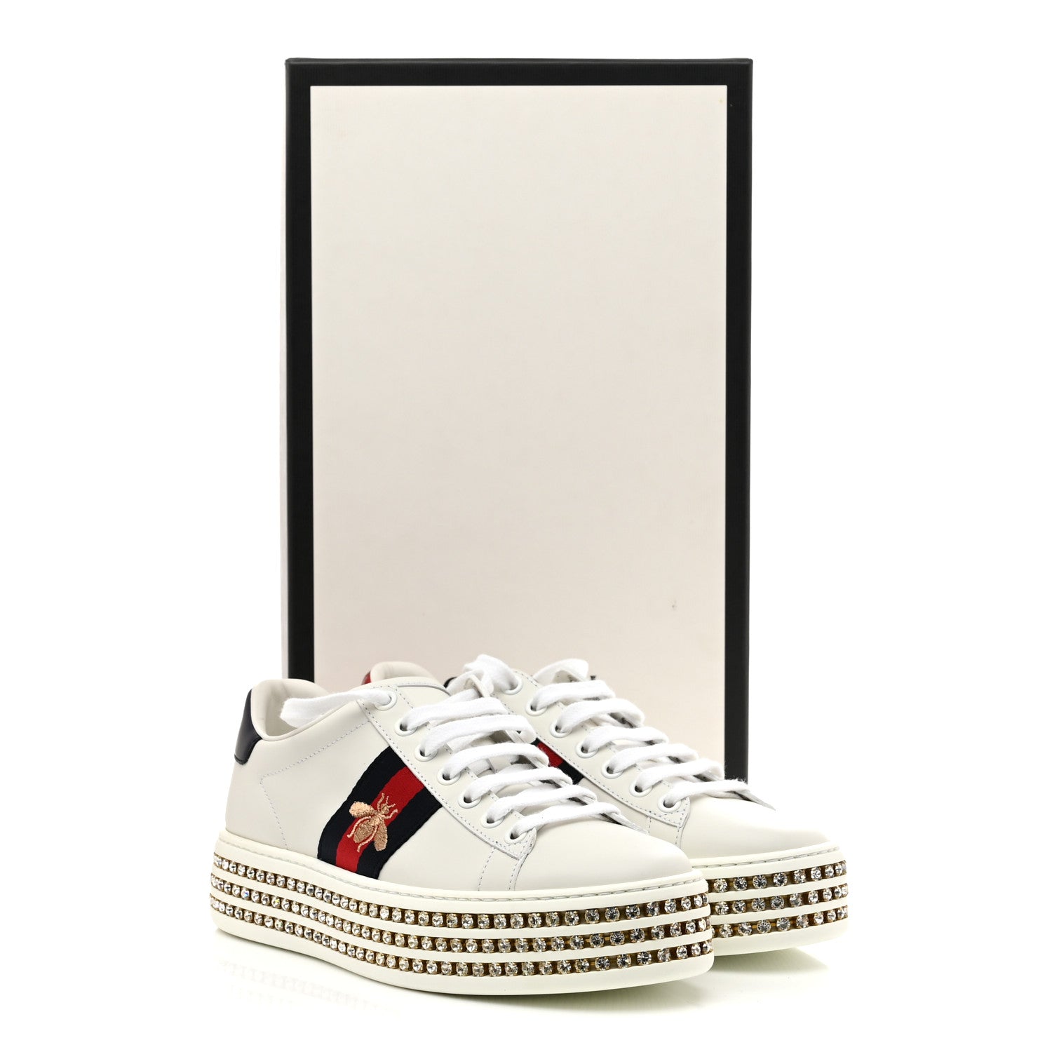 Gucci Calfskin Crystal Web Bee Embroidered Womens Ace Platform
