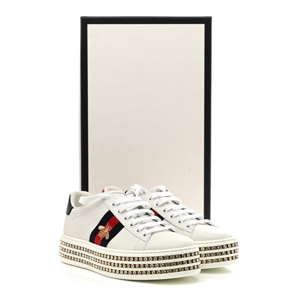 Gucci Calfskin Crystal Web Bee Embroidered Womens Ace Platform Sneakers 35.5 White 10 of 10