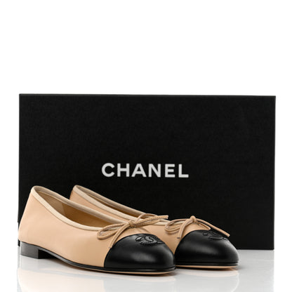 Chanel Lambskin Cap Toe CC Ballerina Flats 36.5 Beige Black 9 of 9